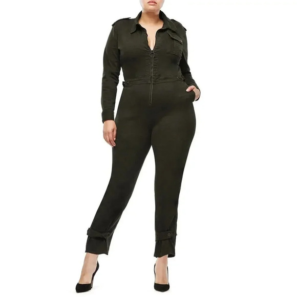NWT Good American Flight Suit Denim Jumpsuit Ruched Waist Tapered Leg Black 4XL - Picture 1 of 6